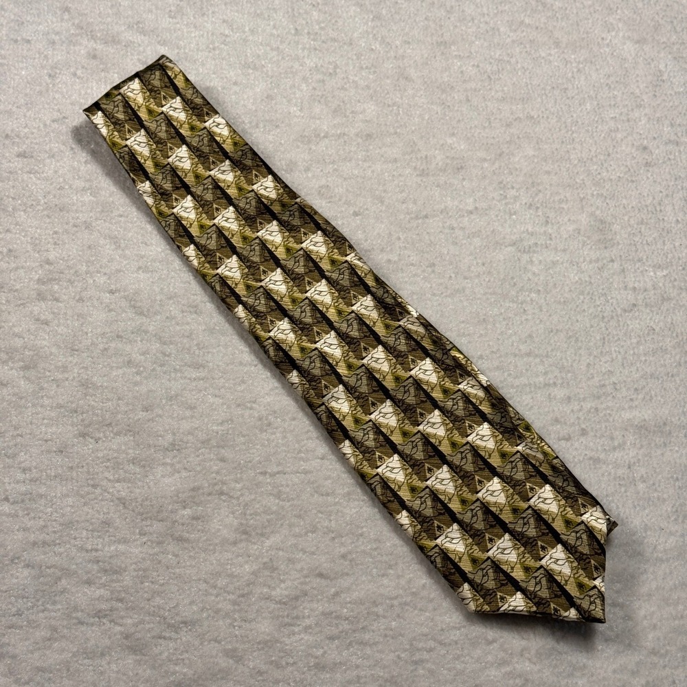 Inspire Men's Silk Tie Green Gold Geometric Abstract Pattern‎ Necktie